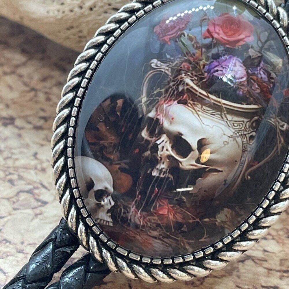 - Gothic Skull Rose Witch Leather Bolo Tie Lariat Necklace Wedding Purple Xmas - Picture 10 of 16